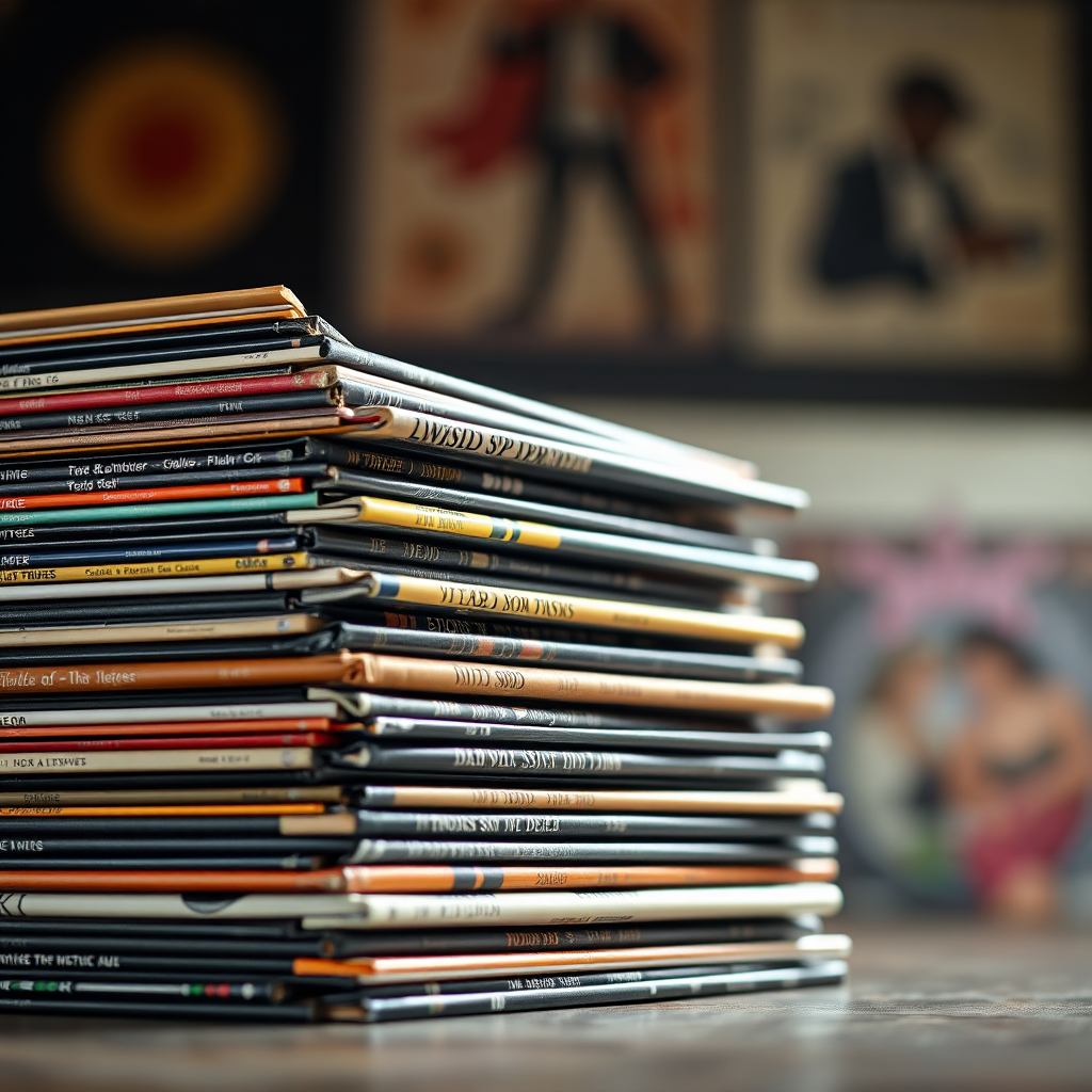 A photorealistic image of a stack of vinyl records from the 50s, 60s, 70s, 80s, and 90s. The lighting should be dramatic, highlighting the textures and colors of the album covers. The background is blurred and indistinct, drawing attention to the records themselves. The camera angle is slightly low, making the stack appear imposing and significant. Style: Classic, nostalgic. Technical specs: 4K resolution, high quality.
