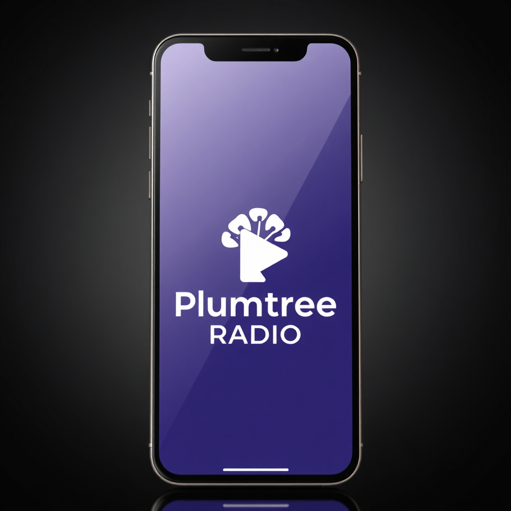 A sleek, modern smartphone displaying the Plumtree Radio logo. A 'play' symbol is highlighted on the screen. The background should be minimalistic, suggesting an uninterrupted streaming experience. Style: Modern, clean. Technical specs: 4K resolution, high quality.