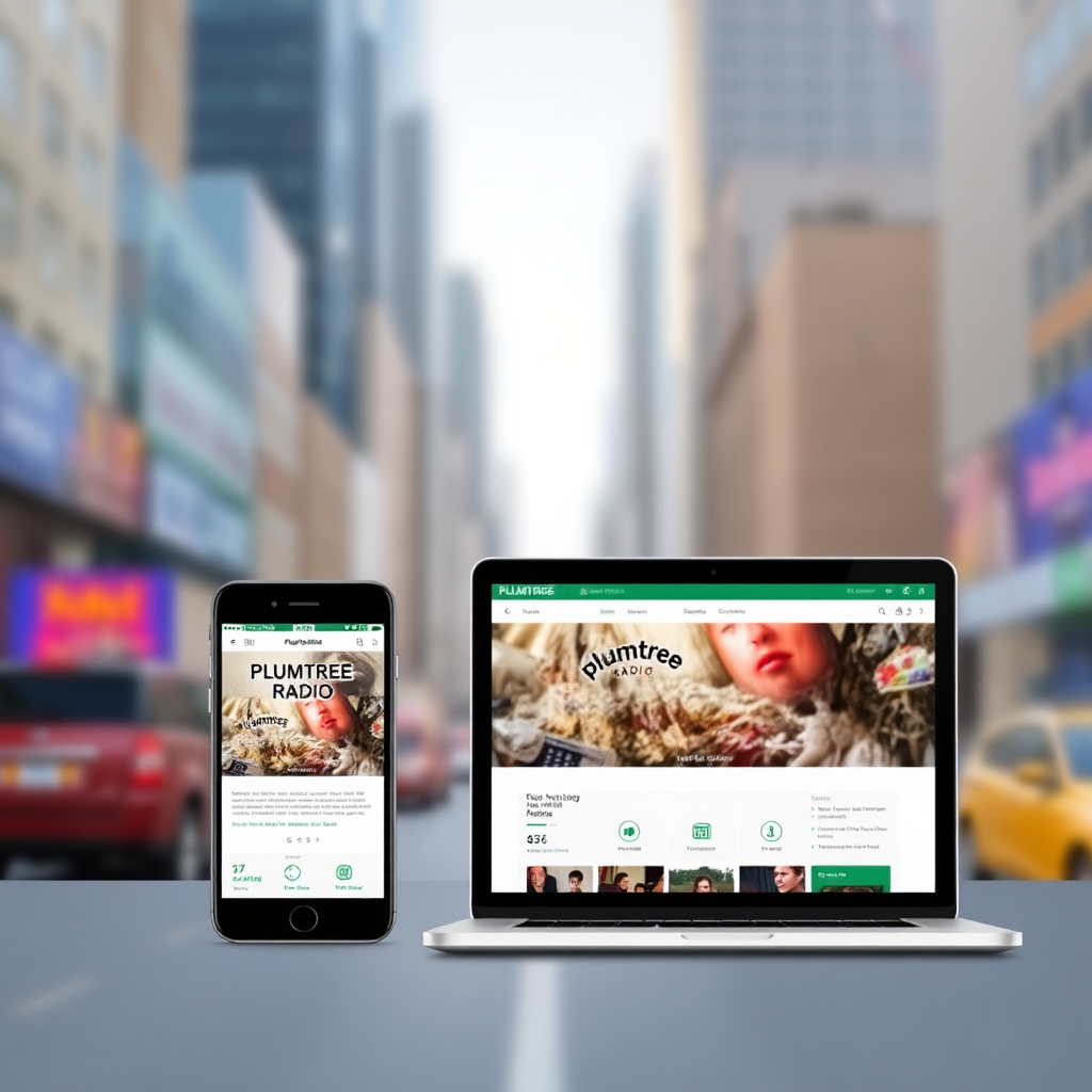 A split-screen image showing different devices (smartphone, tablet, laptop) all displaying the Plumtree Radio website or app. The background should be a blurred cityscape, suggesting the ability to listen anywhere. Style: Versatile, convenient. Technical specs: 4K resolution, high quality.