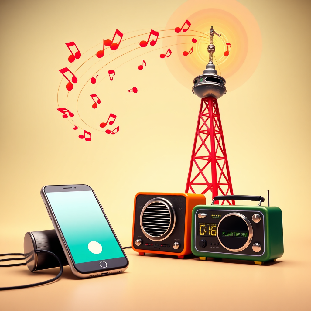 A stylized image representing Plumtree Radio's mission. The central element is a vintage radio broadcasting tower, rendered in a slightly whimsical, cartoonish style. Musical notes float upwards from the tower, forming a swirling pattern that transforms into a digital stream of data, flowing towards a stylized smartphone and a vintage car radio. The color palette is bright and cheerful, with bold primary colors and playful gradients. The lighting is soft and even, creating a welcoming and accessible feel. The composition should be balanced and visually appealing, conveying a sense of nostalgia and modern connectivity. Camera angle should be a medium shot, capturing the entire scene. Include texture details such as metal, plastic, and glowing pixels. Style: Retro-futuristic, blending vintage aesthetics with modern technology. Technical specs: 4K resolution, high quality.