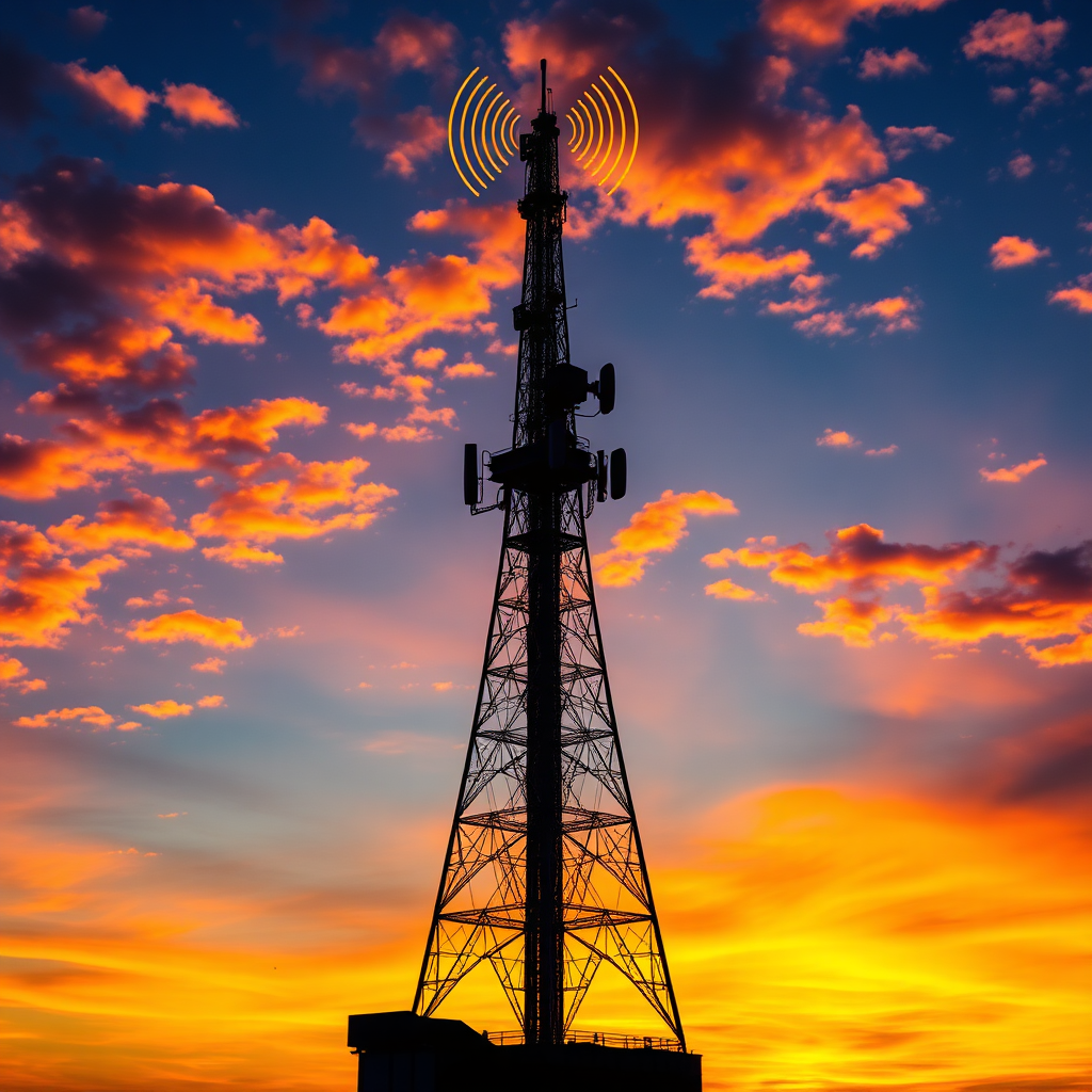 A vintage radio broadcasting tower silhouetted against a vibrant sunset. The tower is emitting radio waves, visualized as glowing lines. The sky is filled with colorful clouds. Style: Majestic, powerful. Technical specs: 4K resolution, high quality.