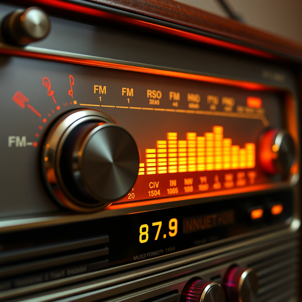 An image of a vintage radio with a graphic equalizer displaying various sound frequencies and musical symbols. The dial is set to FM 87.9. Include glowing lights. Style: Vintage radio, high quality.