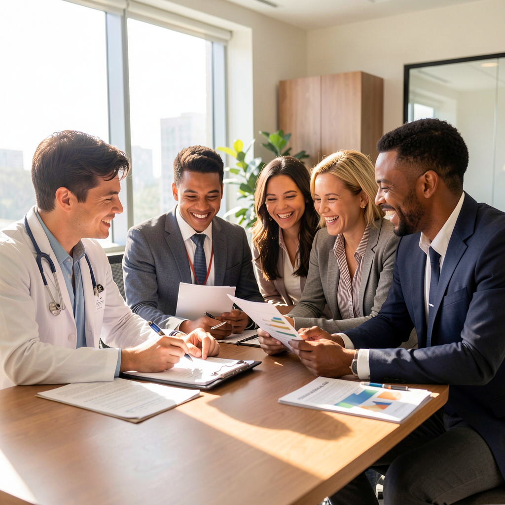 Kanggui RCM administrative team collaborating in a modern medical clinic meeting space