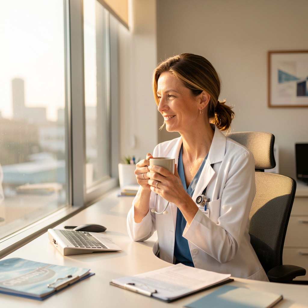 Relaxed healthcare administrator in a sunny office environment