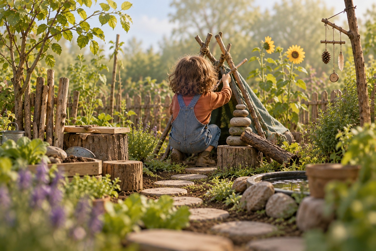 Kind ontdekt en bouwt in een groene tuin