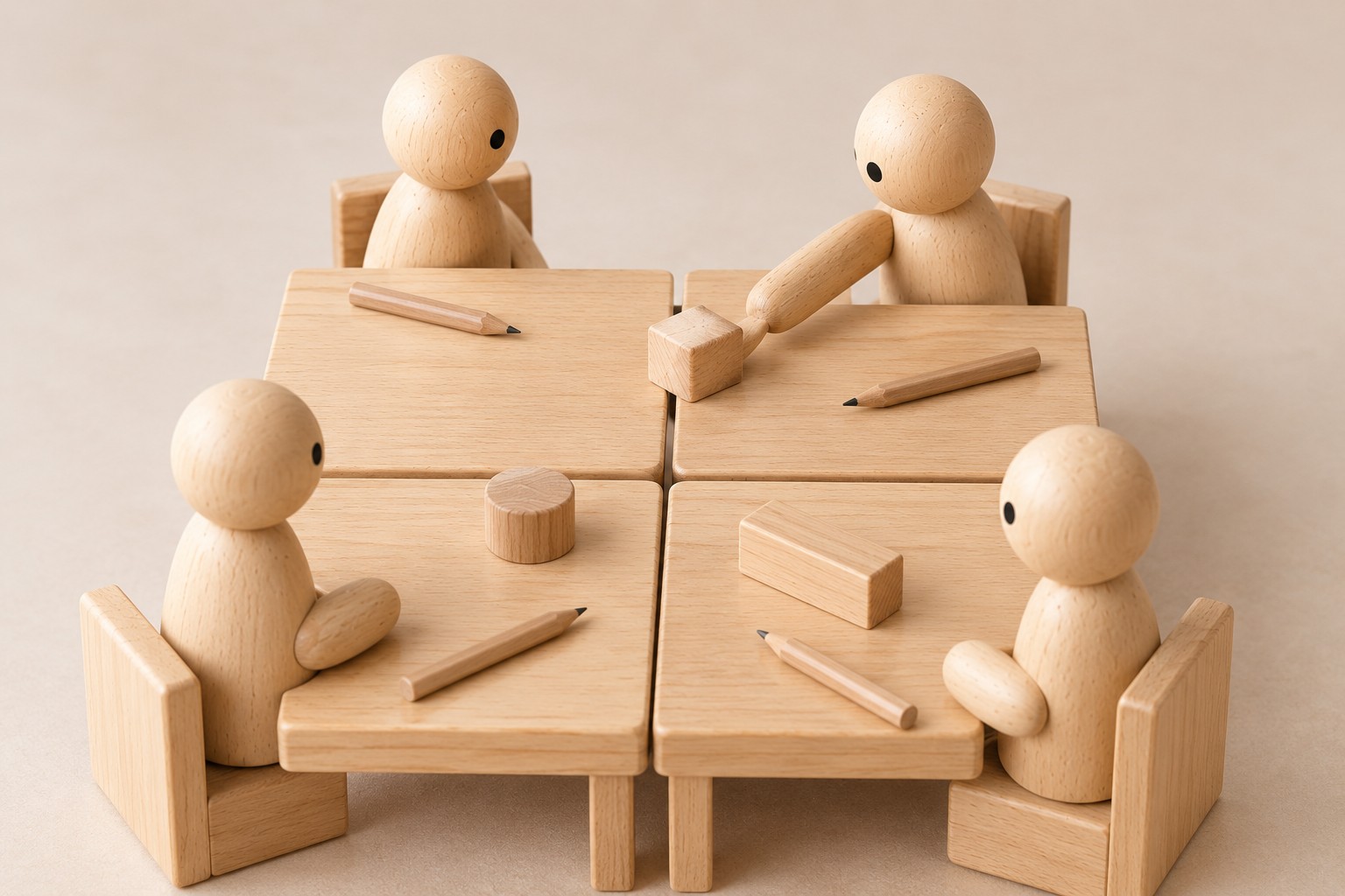 Houten figuren in afzonderlijke tuinen aan tafel
