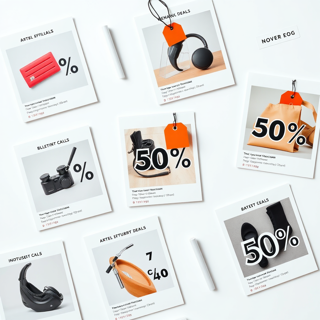 A clean and organized layout showcasing a selection of discounted products from various retailers. Bright, even lighting highlights the clarity and simplicity of the curated deals. The color palette is neutral and professional, with pops of color from the product images. The camera angle is a top-down view, emphasizing the organized arrangement of deals. Textures are crisp and modern, creating a sense of efficiency and trustworthiness. Props include product images, price tags, and retailer logos. Style reference: minimalist product catalog.