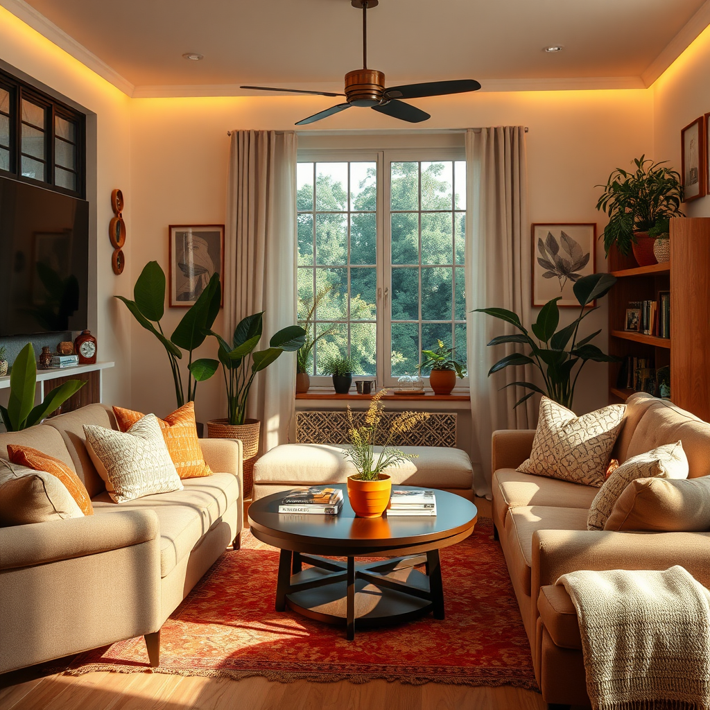 A cozy and inviting image of a beautifully decorated living room with stylish furniture, plants, and home accessories. The lighting is warm and inviting, creating a sense of comfort and relaxation. The color palette is soft and natural, with earthy tones and pops of vibrant color. The camera angle is a medium shot, focusing on the details of the decor and furniture. Textures are rich and tactile, emphasizing the comfort and quality of the home furnishings. Style reference: Interior design photography.