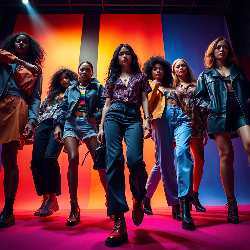 A fashion-forward image featuring a diverse group of models showcasing trendy clothing and accessories against a vibrant and colorful backdrop. The lighting is dynamic and energetic, emphasizing the movement and style of the models. The color palette is bold and eye-catching, with a mix of bright and saturated hues. The camera angle is a low-angle shot, creating a sense of power and confidence. Textures are varied and detailed, showcasing the different fabrics and materials of the clothing. Style reference: High-fashion editorial photography.