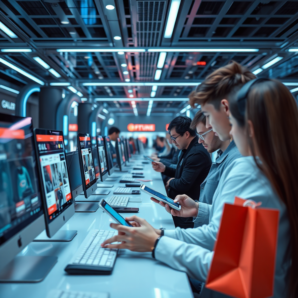 A futuristic, high-tech image of online shoppers browsing deals on their computers and mobile devices. The lighting is cool and modern, conveying a sense of efficiency and convenience. The color palette is sleek and digital, with blues, blacks, and silvers dominating the scene. The camera angle is a medium shot, focusing on the shoppers and their devices. Textures are crisp and digital, creating a sense of innovation and technology. Props include computers, mobile devices, and online shopping interfaces. Style reference: science fiction.