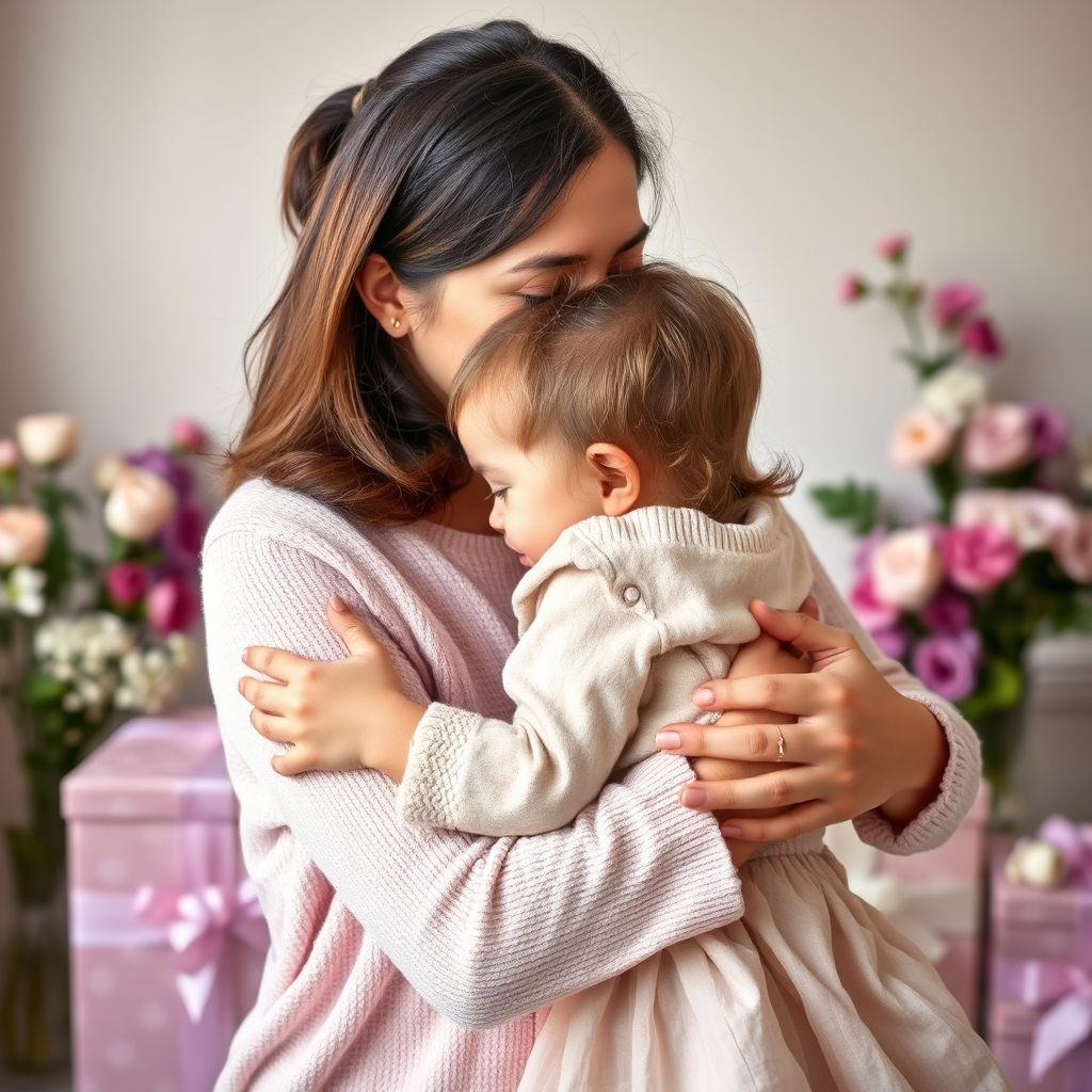 A heartwarming image of a mother and child embracing, with flowers and gifts in the background. Soft, natural lighting creates a tender and loving atmosphere. The color palette is soft and feminine, with pinks, purples, and pastels dominating the scene. The camera angle is a close-up, focusing on the emotions and connection between the mother and child. Textures are soft and delicate, creating a sense of warmth and affection. Props include flowers, gifts, and a loving embrace. Style reference: sentimental portrait photography.