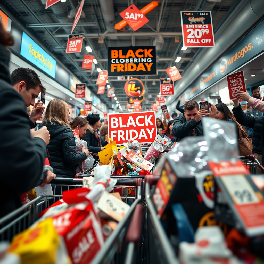 A photorealistic image featuring a chaotic, yet exciting, scene of Black Friday shopping. Focus is on the frenzy of shoppers grabbing deals, with close-ups on discounted products and price tags. The lighting is bright and energetic, creating a sense of urgency. The color palette is vibrant and attention-grabbing. The camera angle is a low angle, emphasizing the scale and intensity of the shopping event. Textures are realistic and detailed, capturing the excitement and energy of the scene. Props include shopping carts overflowing with merchandise, sale signs, and crowded aisles. Style reference: documentary photography.