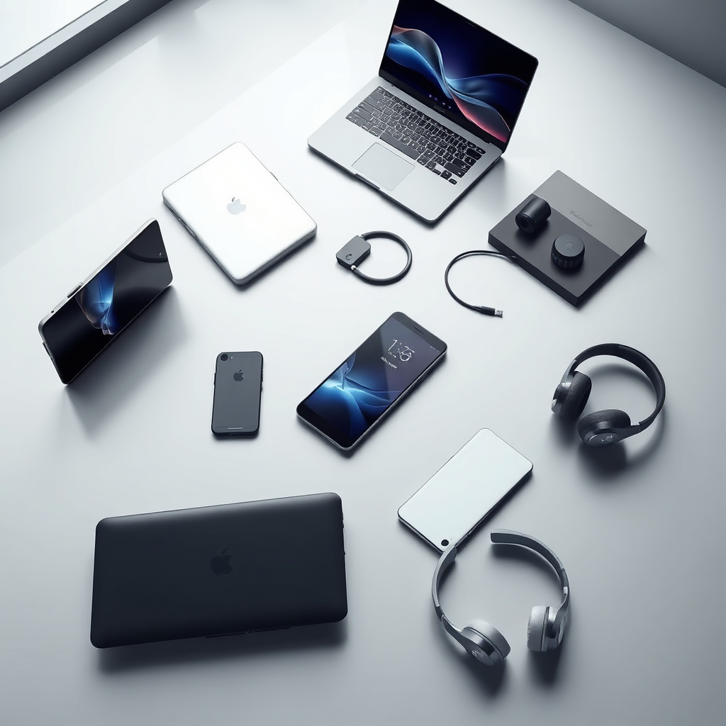 A sleek, photorealistic image showcasing a collection of the latest electronic gadgets, including smartphones, laptops, and headphones. The products are displayed on a modern, minimalist surface with soft, diffused lighting to highlight their design and features. The color palette is cool and contemporary, with shades of gray, silver, and black dominating the scene. The camera angle is a high-angle shot, providing a comprehensive view of the gadgets. Textures are smooth and refined, emphasizing the premium quality of the electronics. Style reference: Product photography for high-end tech brands.