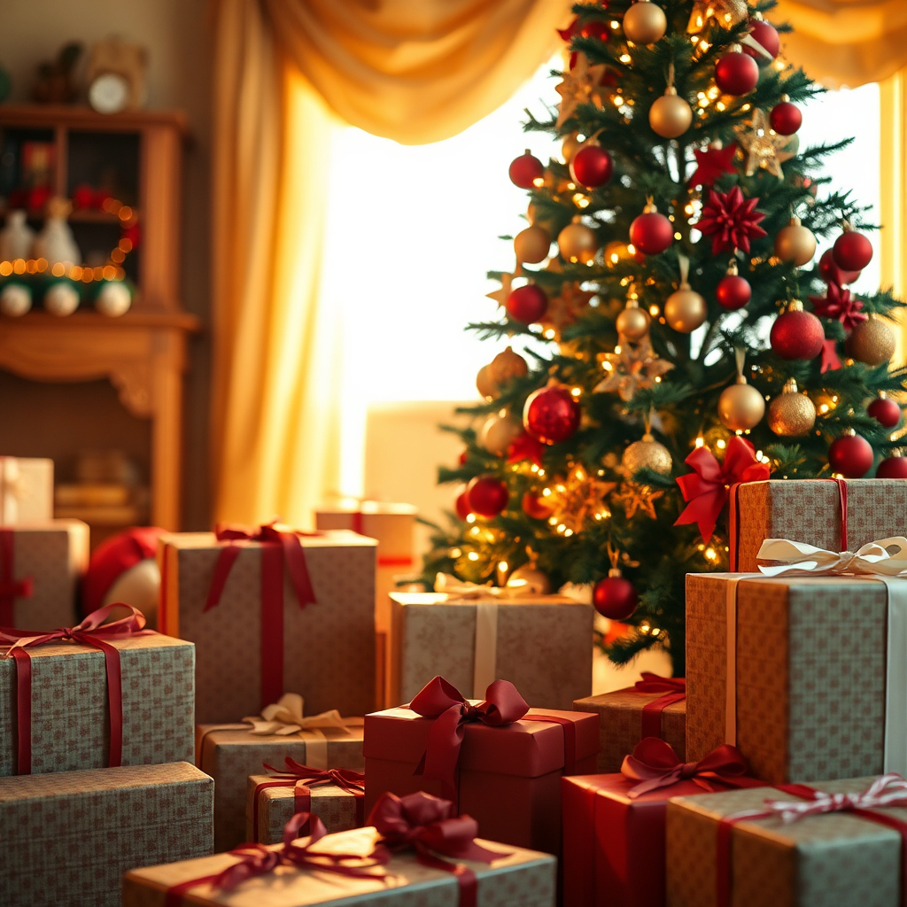 A warm and inviting image of a beautifully decorated Christmas tree surrounded by wrapped presents. Soft, golden lighting creates a cozy atmosphere. The color palette is rich and festive, with reds, greens, and golds dominating the scene. The camera angle is a medium shot, focusing on the details of the presents and decorations. Textures are soft and inviting, creating a sense of warmth and comfort. Props include wrapped gifts, ornaments, and a Christmas tree. Style reference: Hallmark Christmas movie.