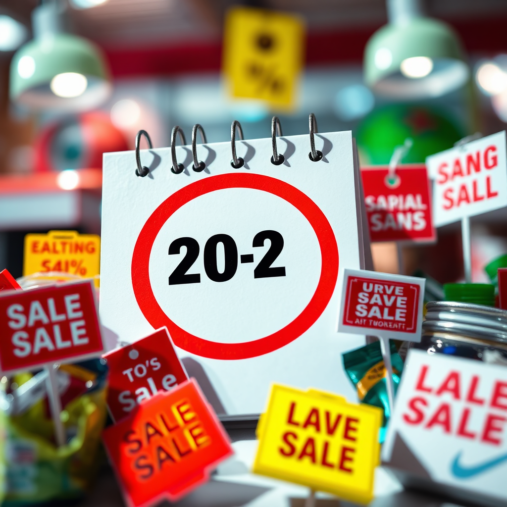 An image of a calendar with a red circle around the current date, surrounded by discounted products and last-minute deals. The lighting is bright and urgent, conveying a sense of opportunity and savings. The color palette is vibrant and attention-grabbing, with reds, yellows, and greens dominating the scene. The camera angle is a close-up, focusing on the calendar and discounted products. Textures are crisp and modern, creating a sense of excitement and urgency. Props include a calendar, discounted products, and sale signs. Style reference: promotional graphic.