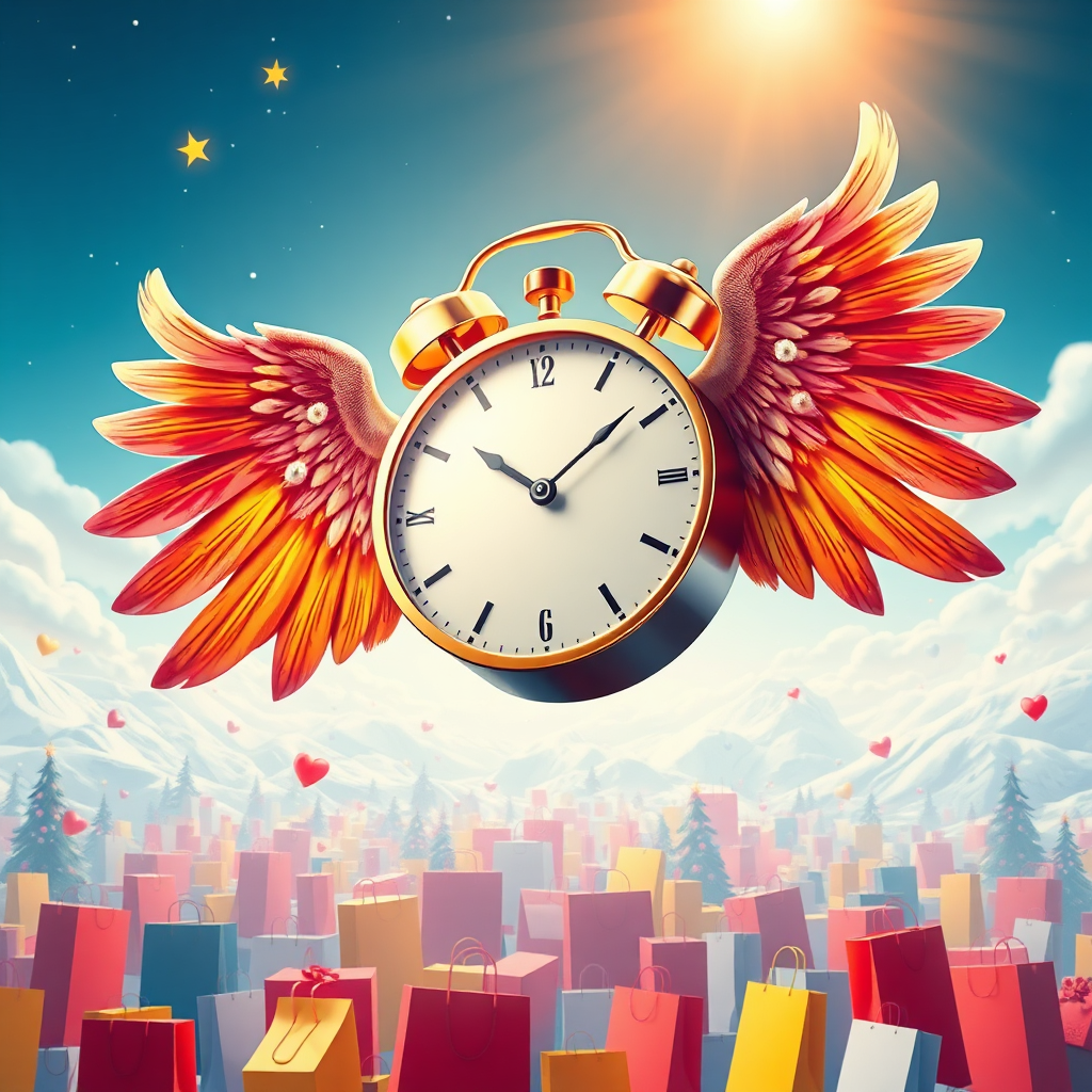An image of a clock with wings soaring over a landscape filled with holiday shopping deals and promotions. The lighting is bright and dynamic, conveying a sense of urgency and opportunity. The color palette is vibrant and attention-grabbing, with reds, yellows, and blues dominating the scene. The camera angle is a wide shot, capturing the vastness and variety of early bird deals. Textures are crisp and modern, creating a sense of excitement and anticipation. Props include a clock with wings, shopping bags, and discounted products. Style reference: fantasy illustration.