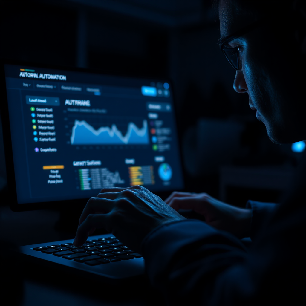  Capture a compelling image of an automation dashboard glowing in a dimly lit workspace, with hands on a keyboard, typing urgent responses to leads. The glow from the screen should cast a soft light on the face expressing focus and determination. The background should be blurred to emphasize the screen and actions. Utilize high contrast with black and blue themes to create a sense of urgency and modernity. The final image should be hyper-realistic and resonate with the theme of automation.