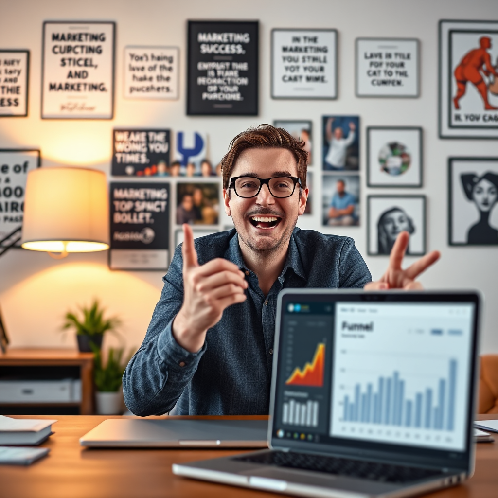 Capture a moment of a professional on a video call, showing engagement and enthusiasm. The background highlights a wall with inspirational quotes and marketing success images. There’s a soft glow from a desk lamp creating a warm environment. Include a laptop with the funnel metrics displayed, emphasizing the connection between the funnel and engaging conversations. Render this image with a photorealistic approach to reflect authenticity and relatability.
