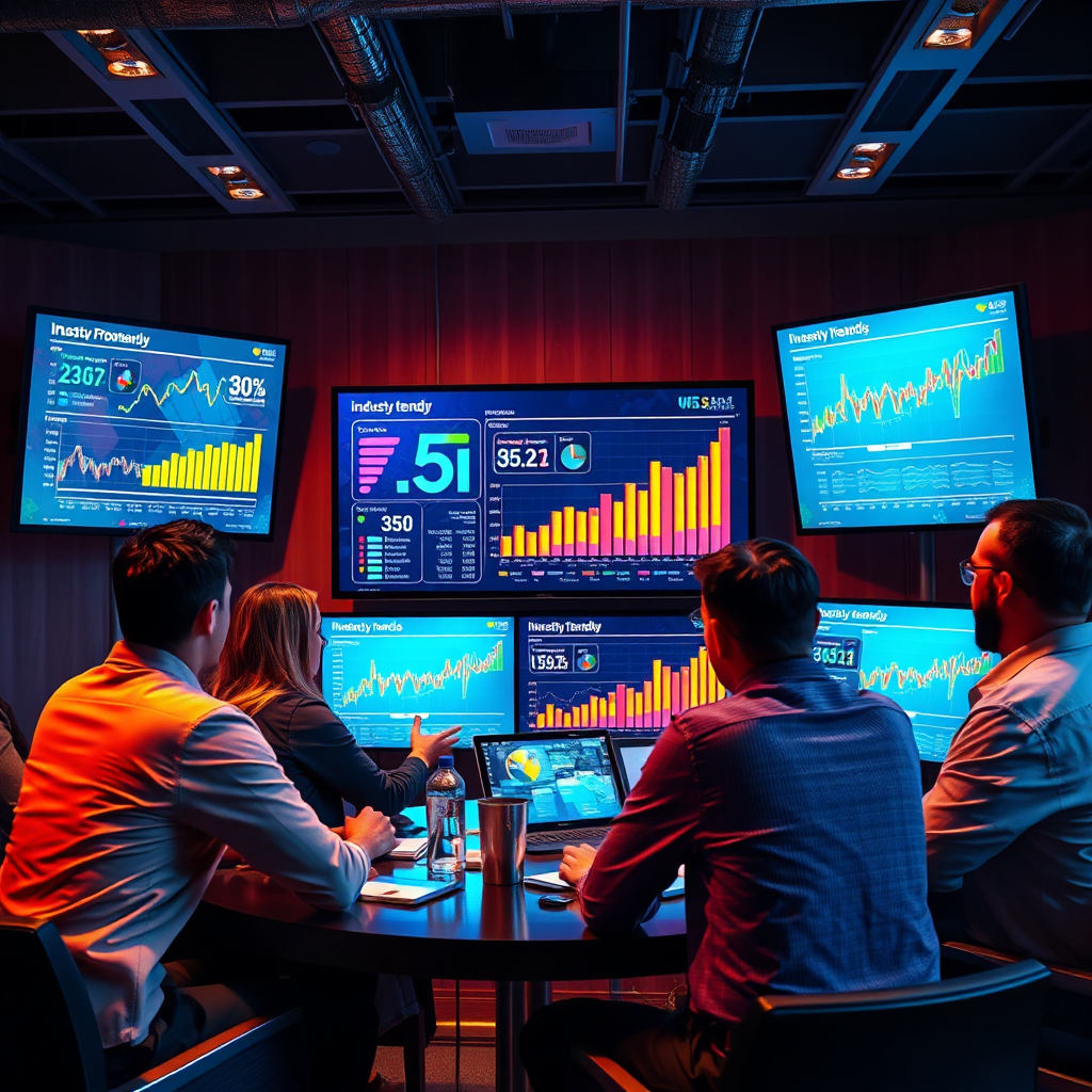 Capture a moment of a team brainstorming about industry trends with visual aids around the room. Use larger screens displaying current trends and statistics. The lighting is engaging, with colorful highlights on the screens. Create a vibrant, energetic mood that reflects innovation. Complete the scene with rich textures and depth, rendered in photorealistic quality to emphasize active collaboration.