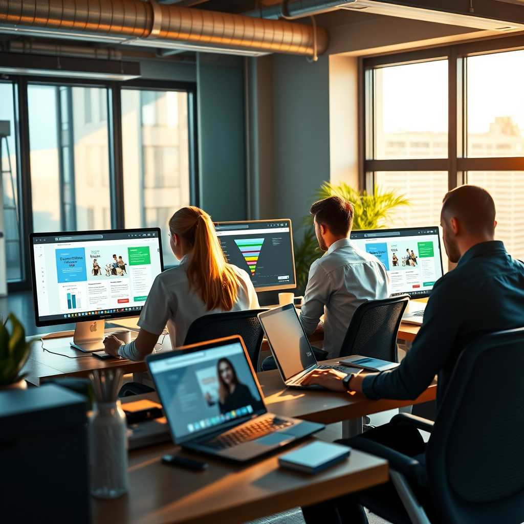 Create a photorealistic, ultra-high quality header image that encapsulates the essence of BMP Media Co, a marketing and automation agency. The composition should feature a modern office space with professionals collaborating over laptops, showcasing sleek, digital interfaces of websites and funnels on screens. Warm, natural lighting floods the space, highlighting productivity and innovation. The color palette should include blues and greens to convey trust and growth. Utilize a camera angle that captures both the team dynamics and the digital workspace in detail, focusing on textures of modern equipment and furniture. This image should have a hyperrealistic style and be rendered in 8K resolution.