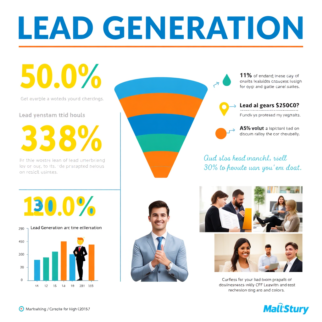 Create a vibrant infographic showcasing lead generation statistics and funnel effectiveness. Use bold graphics and charts that pop against a white background, combined with images of successful business interactions. Capture a friendly professional in action, demonstrating an easy-to-understand presentation of these concepts. Ensure bright colors convey positivity and growth, crafted in a high-quality, dynamic style.