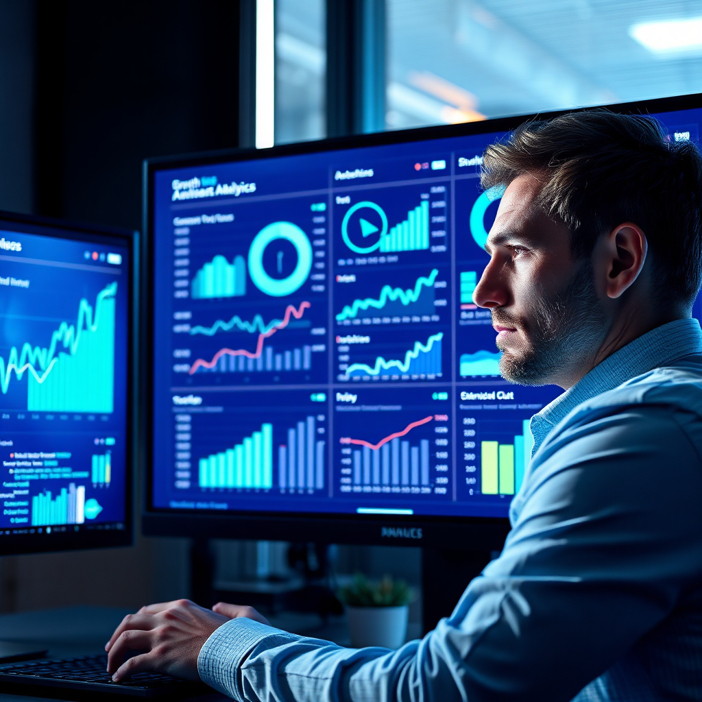 Create an image of a dashboard filled with analytics and growth metrics on a high-end computer screen. Include a professional analyzing data, with expressions of curiosity and focus. Use bright backlighting to draw attention to the screen, creating a glow effect. Choose a palette of cool blues and greens to emphasize technology and data precision. The overall image should convey a sense of expertise, presented in high quality.