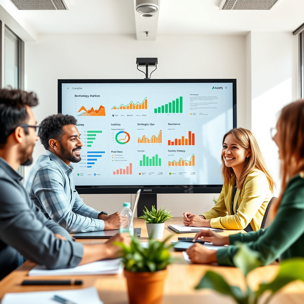 Create an image showcasing a digital marketing strategy session with a diverse team around a large screen displaying analytics and strategies. The workspace is bright and modern, with natural light streaming in. Capture enthusiasm and collaboration among the team members, dressed in casual professional attire. Use a color palette of greens and earth tones to reflect growth and sustainability. Ensure the details of the screen and their expressions are vivid and realistic, crafted in a high-quality, photorealistic style.