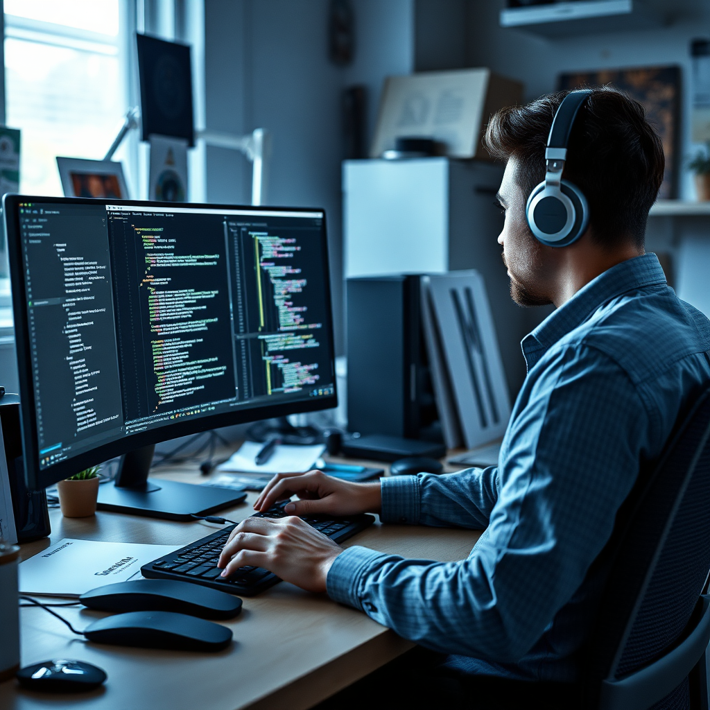 Create an image showcasing a web developer working on a responsive, visually captivating website. The developer sits in a modern office filled with technology and creative materials. The lighting is soft yet focused on the screen, highlighting the intricacies of coding and design. Use a color palette of muted blues and whites to capture the professional atmosphere, ensuring a polished and clean look in high detail.