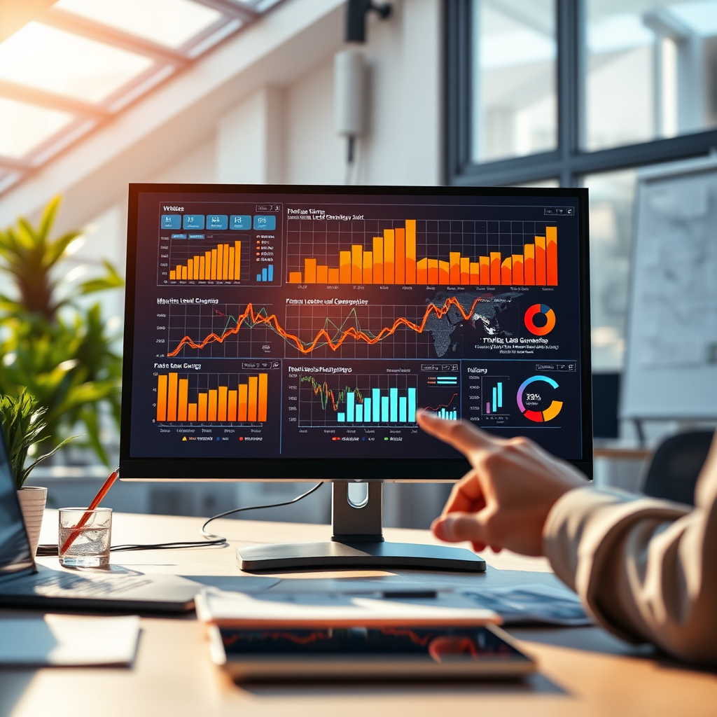 Create an inspiring image displaying a digital lead generation system with vibrant graphs and figures emerging on a screen. The setting should be a modern workspace with natural light streaming in, creating a warm atmosphere. Bright colors like oranges and yellows should be used to symbolize energy and opportunity. The perspective should be slightly from above to see the screen and the person interacting with it, aiming for a dynamic visual representation. Finalize in high-quality detail and resolution.