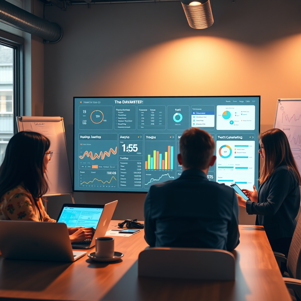 Design a high-quality image that encapsulates BMP Media Co's mission, illustrating a team of marketing professionals collaborating around a digital dashboard displaying analytics and leads. The lighting should be warm and inspiring, with a color palette of earthy tones to convey trust. Capture a medium shot to show the interaction and energy among team members. Include props like laptops, tablets, and whiteboards in a contemporary office setting. Aim for a 4K resolution, high-quality stylization that resonates with small businesses looking for marketing automation.