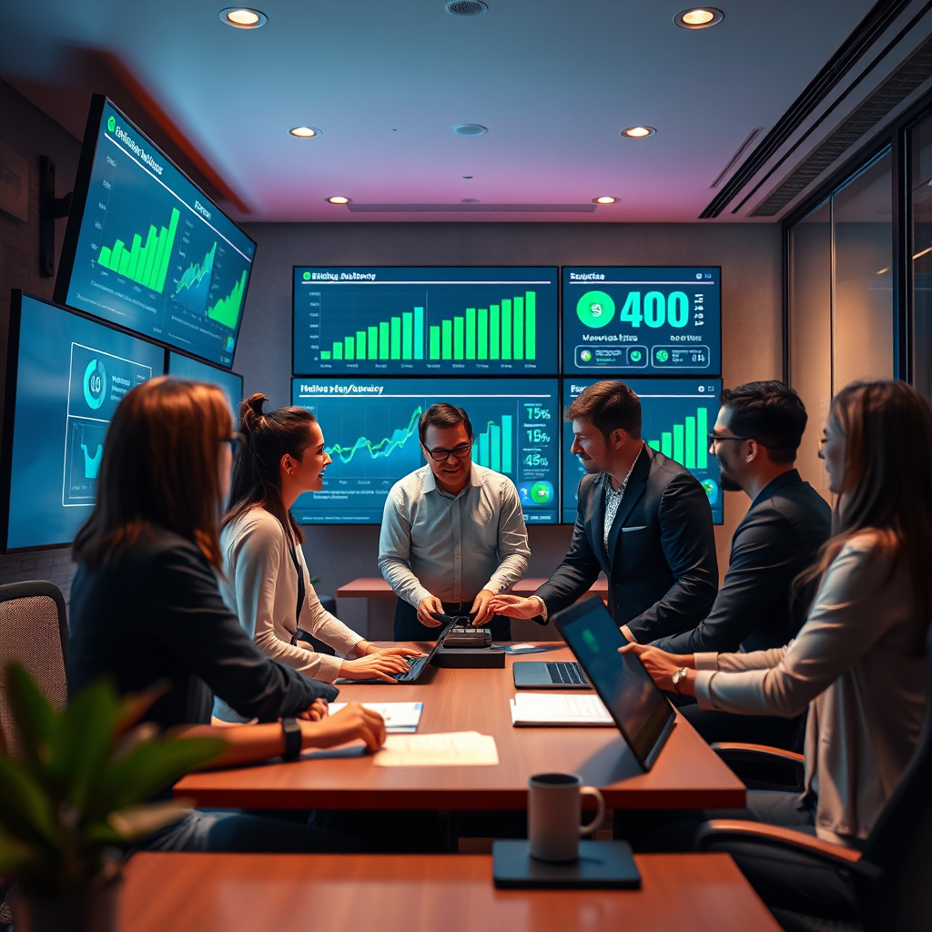 Design a photorealistic image that conveys BMP Media Co's mission as a marketing and automation agency. The image should depict a digital workspace combined with visual elements such as charts showcasing growth and engagement statistics. Soft, ambient lighting creates a welcoming atmosphere, while a color palette of vibrant greens and blues symbolizes innovation and success. The composition should include a diverse group of professionals engaged in a strategy session, surrounded by digital screens displaying data analytics. Capture this moment from slightly above eye level to emphasize collaboration, ensuring the image is high quality and rendered in 4K resolution.