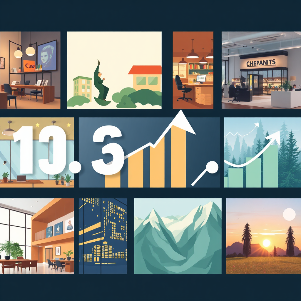 Illustrate a collage of images showing various successful businesses with clear metrics shown overlaying them. Numbers indicate growth and success clearly and engagingly. Use playful graphics to keep the imagery light while still professional. Combine indoor elements with outdoor environment snapshots to create a juxtaposition of settings, ensuring high detail and clarity in all visuals for impact.