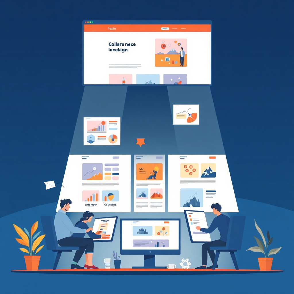 Illustrate a modern and sleek website development process in action, with people collaborating around computers, engaging in design elements. Use vibrant colors and dynamic angles to convey creativity. The composition should showcase various screens displaying innovative websites, with high resolution and realistic details to reflect the high standards of BMP Media Co.