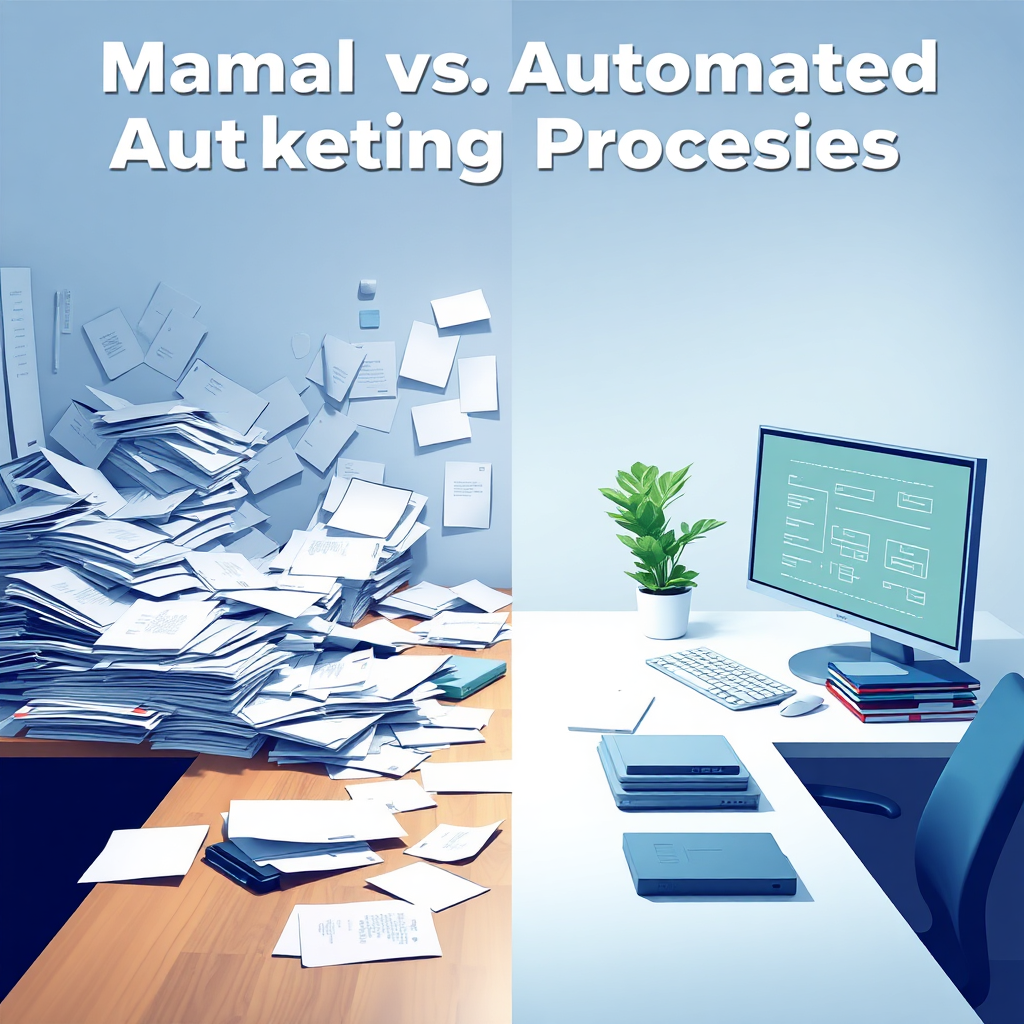 Illustrate a side-by-side comparison of manual vs automated marketing processes on a desk cluttered with paperwork on one side, and a clean digital workspace on the other. The lighting should be bright and highlight the stark contrast between chaos and organization. Use colors to signify ease and efficiency, like soft blues and greens. Capture this scene in a balanced shot to reflect depth and engagement. High-quality output is essential for a compelling visual.