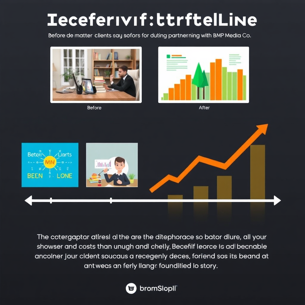 Illustrate a timeline of transformations showcasing a client’s journey before and after partnering with BMP Media Co. Use a stylized format combining images and graphs to demonstrate change. Present a sense of progression with bright colors indicating growth over time, framed in a modern design that highlights their success story engagingly.