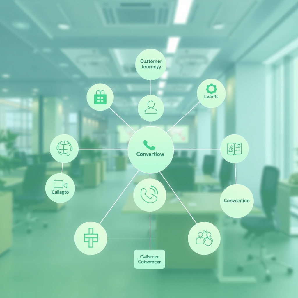  Illustrate the concept of streamlined customer journeys with a stylized flowchart graphic connecting various leads, calls, and conversion points set against an atmospheric office backdrop. The color scheme should include gradients of fresh greens and blues, promoting calmness and professionalism. A slight overhead angle will provide an overview of the connections. The image should feel informative yet engaging, aiming for high-resolution clarity.