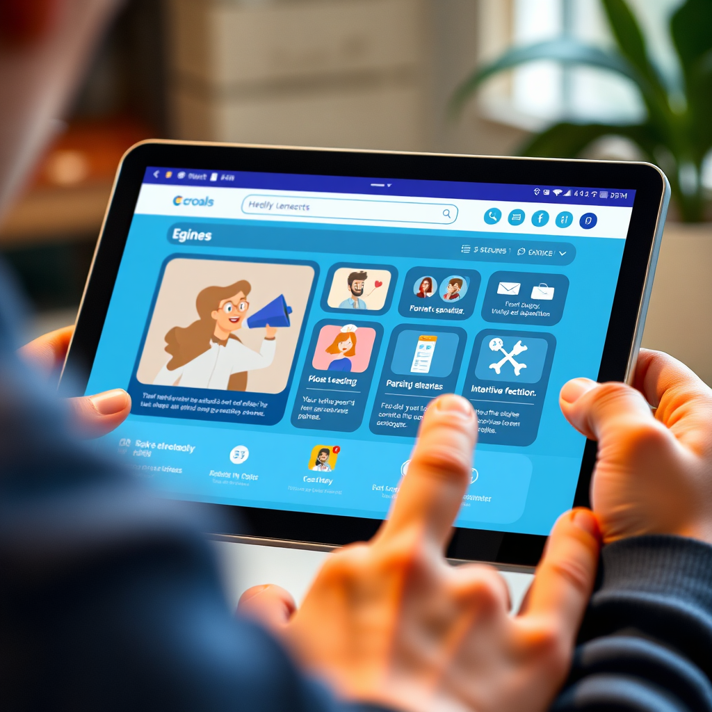 Show a dynamic webpage interface illustrating user experience improvements with animated elements and intuitive design. The image should capture a user navigating through the features seamlessly on a tablet. Bright, lively colors can emphasize user engagement and an inviting atmosphere. Aim for high detail and clarity to ensure all elements are noticeable and attractive in a beautifully crafted visual.