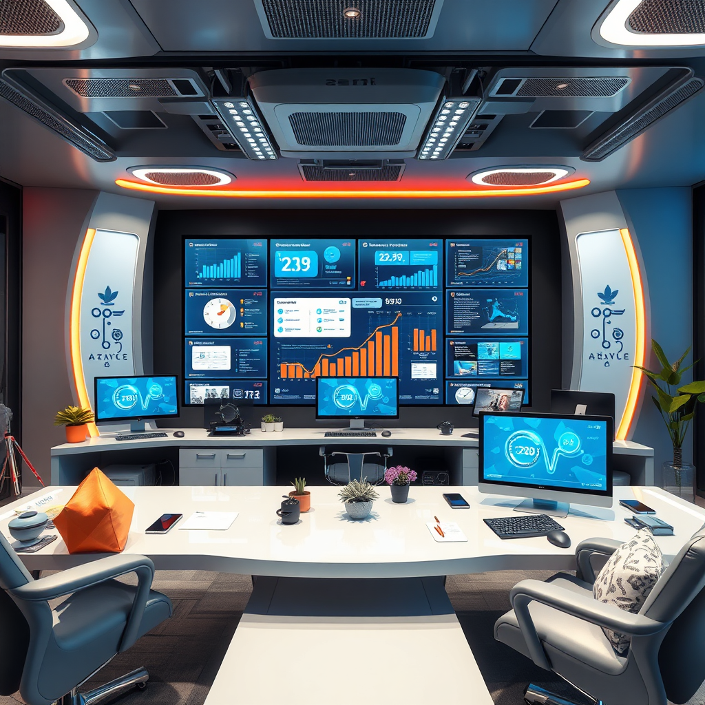 Show a futuristic workspace with screens showing automated marketing processes and success indicators. The environment should be sleek with a mix of modern and cozy elements, using a cool color palette of grays and blues with pops of vibrant colors. A wide-angle perspective captures the entire setup, emphasizing innovation and growth. Aim for a high-resolution, polished presentation that embodies the potential of marketing automation in business.