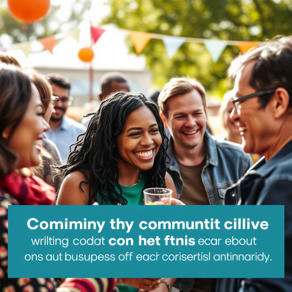 Visualize a community event or engagement activity sponsored by BMP Media Co, with smiling clients and community members interacting positively. The scene is festive, filled with warmth and engagement. Bright daylight in the background captures a vibrant atmosphere. Ensure high-quality captures of community involvement, reflecting the positive impact on both businesses and their communities.