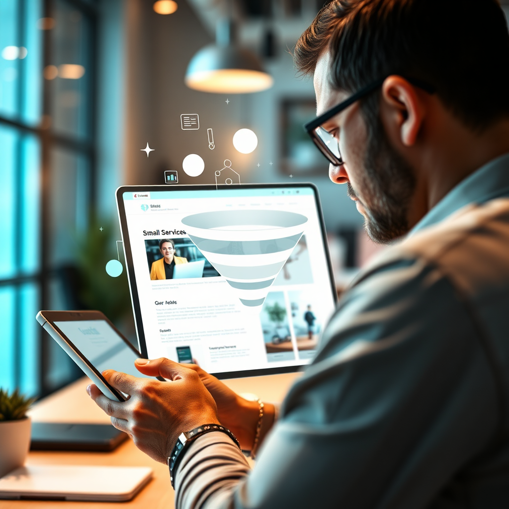  Visualize a conceptual image of a small service business owner navigating through a smart, modern website interface on a tablet, with a digital funnel graphic overlaying. The environment should feel vibrant and user-friendly, utilizing bright colors like teal and white to evoke a sense of innovation. The angle should be a close-up, creating an intimate feel, capturing the user’s focus on engagement. The image should be photorealistic and align with the theme of modern marketing, aiming for 4K quality.