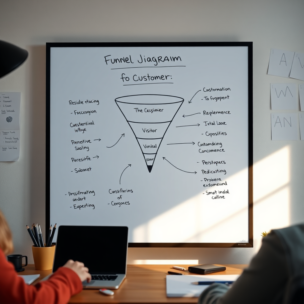 Visualize a detailed funnel diagram on a digital board with annotations showing the journey from visitor to customer. The light should be soft and focused on the board to highlight its importance. Surrounding props should include digital tools and notes that reflect active strategizing. The image should be high-quality and engage viewers with its informative layout.