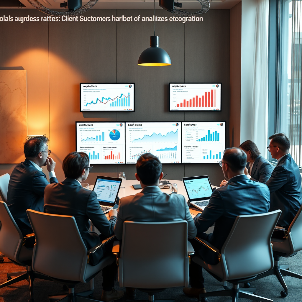 Visualize a round-table meeting, where a team discusses analytics and customer feedback. Include digital displays showcasing charts and graphs of client success rates. The scene is lit with a combination of natural and warm artificial light that encourages collaboration. Capture rich textures in the environment and attire, conveying a sense of professionalism. The image should be dynamic and focused, highlighting analytics on screens in photorealistic quality.