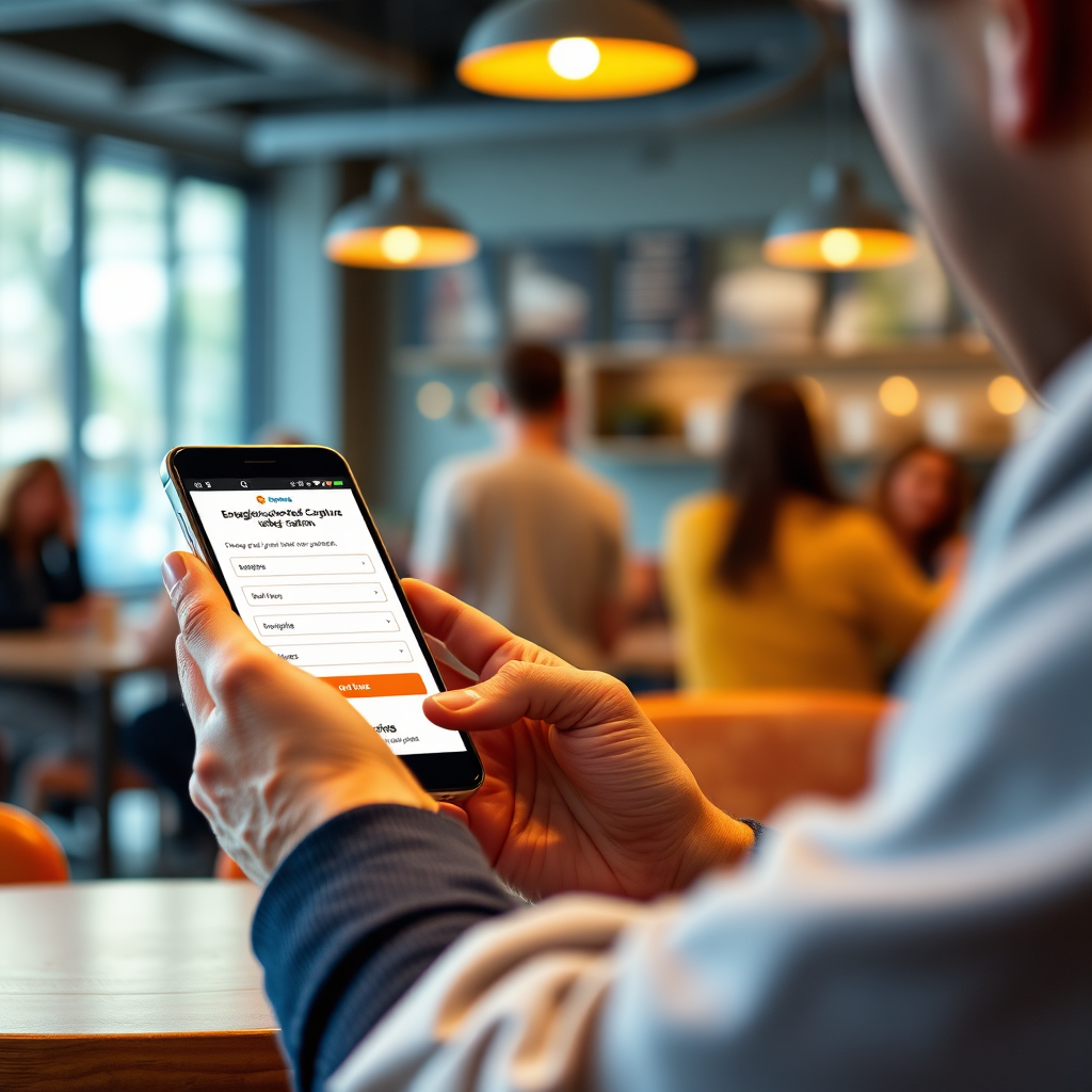 Visualize a sleek, modern website interface showcasing an automated lead capture system. Focus on a user interacting with an engaging form on a mobile device in a lively coffee shop. Bright, inviting lighting emphasizes a sense of approachability, while the background shows blurred figures enjoying their time. Use a color palette of warm oranges and cool blues to create a balanced, contemporary feel. The image should feel relatable yet professional, rendered in high quality to support the theme.