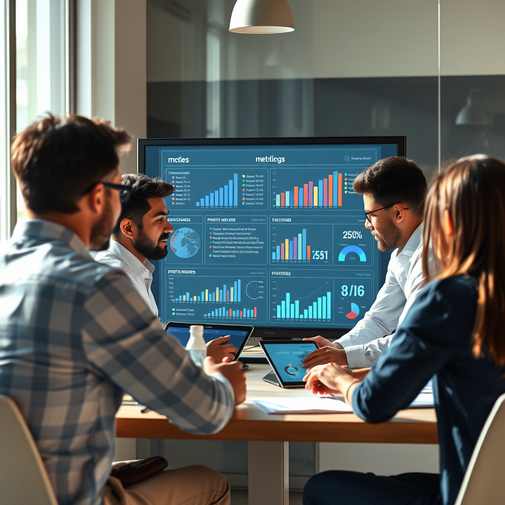 Visualize a strategic planning session with a focus on aligning goals and metrics. A diverse team collaborates around a digital dashboard, engaged in meaningful discussions. Use bright, focused lighting to create an inspirational atmosphere. Incorporate digital devices showing graphs and success metrics to enhance clarity. Capture this moment in photorealistic quality to highlight the energy and cooperation involved.