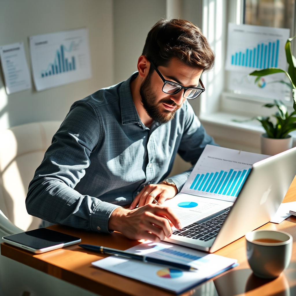 Visualize an engaging image of a small business owner reviewing their success metrics on a laptop, surrounded by notes and charts illustrating the journey from clicks to conversions. Soft, natural lighting should create a welcoming ambiance. Use a balanced color palette with blues and greens for professionalism, captured in a medium shot focusing on the interaction with digital data. The image quality should remain high definition to reflect the importance of metrics in business growth.