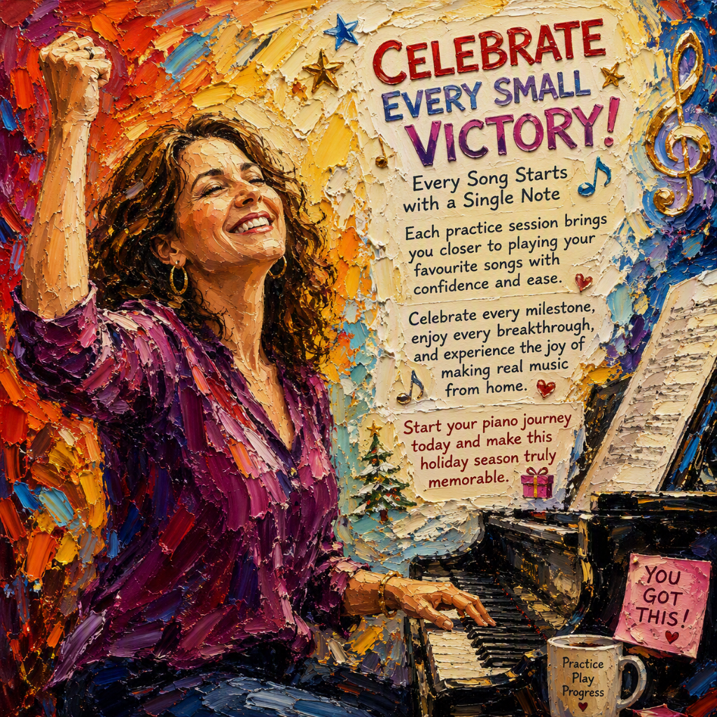 A celebratory image portraying a student playing their first song on the piano, surrounded by friends and family applauding. The atmosphere is filled with joy, balloons, and a banner stating 'Congratulations!' The lighting is warm and inviting, enhancing the festive mood. The camera captures close-ups of smiling faces and hands on the piano keys. This interaction embodies the fun essence of music instruction, made in photorealistic 4K.