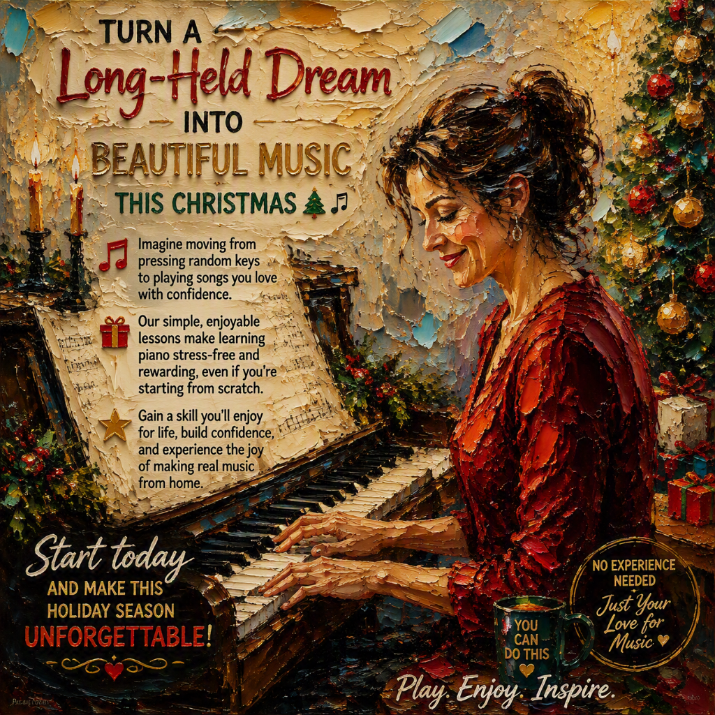 A photorealistic image showing a student frustrated with sheet music on one side and the same student, now smiling, playing the piano with confidence. The environment is a cozy, well-lit music room filled with posters of famous musicians. The transformation is depicted with a warm color palette symbolizing growth, and the lighting gradually becoming brighter on the confident side. The camera angle should show both sides, capturing emotion and progression in 4K quality.