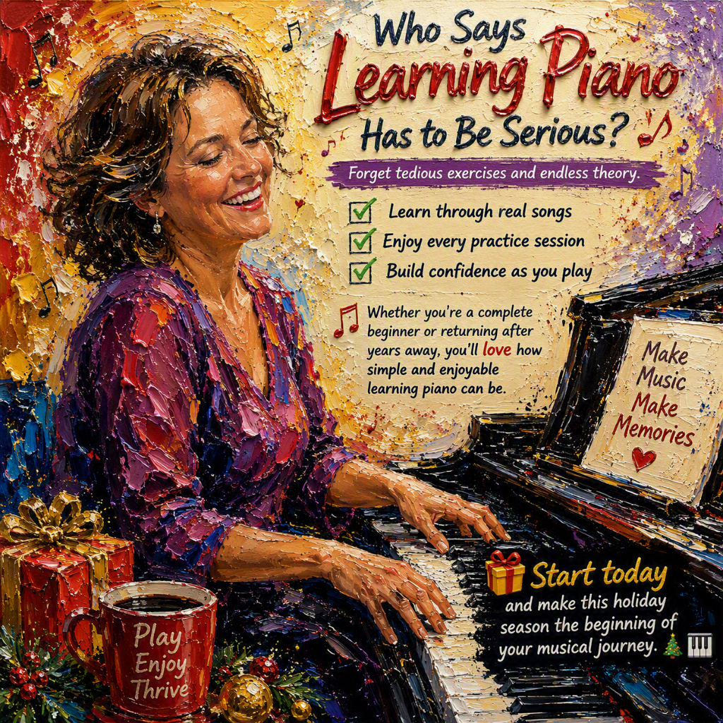 A fun image showing a teacher humorously playing wrong keys on a piano, eliciting laughter from students. The atmosphere captures light-heartedness, with confetti and colorful decorations around the room. The lighting is bright and cheerful, enhancing the playfulness of the scene. The camera angle captures expressions of surprise and joy among students, making it a joyful moment in 4K high quality.