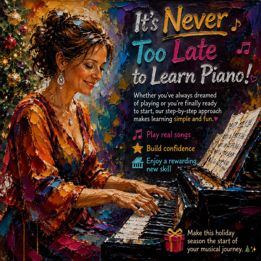 A relaxed scene showing a beginner with no prior experience sitting at a piano, guided by a compassionate teacher. The environment is filled with music books and playful decorations, radiating an encouraging vibe. Soft lighting should enhance the comfortable atmosphere, while the camera angle captures the engagement and connection between the teacher and student, highlighting the support within the 4K quality image.