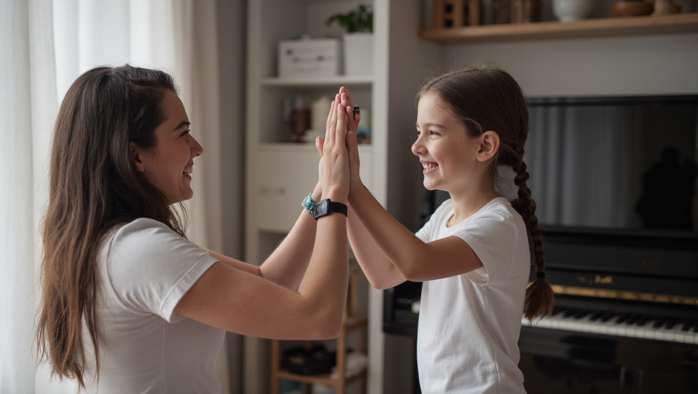 A celebratory image portraying a student playing their first song on the piano, surrounded by friends and family applauding. The atmosphere is filled with joy, balloons, and a banner stating 'Congratulations!' The lighting is warm and inviting, enhancing the festive mood. The camera captures close-ups of smiling faces and hands on the piano keys. This interaction embodies the fun essence of music instruction, made in photorealistic 4K.